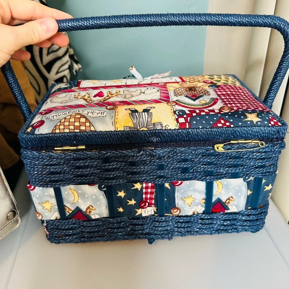 Vintage Blue Wicker Sewing Basket Noah’s Arc Fabric Lid Patchwork Design
